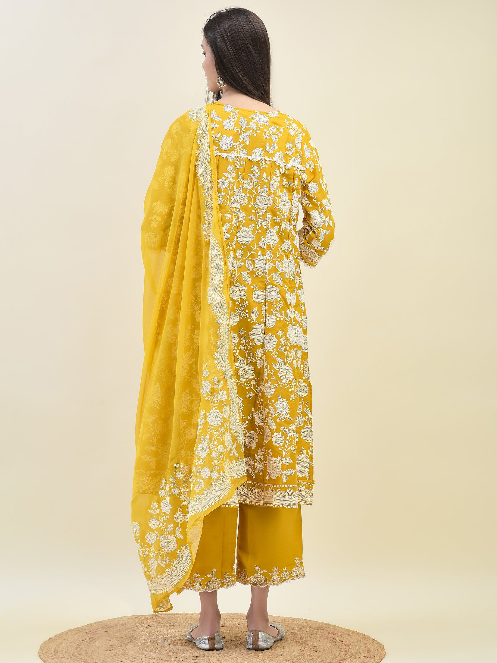 Women Mustard Yellow Chiffon Kurta Comfort Pant Dupatta