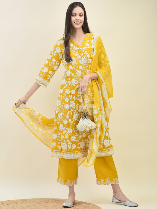 Women Mustard Yellow Chiffon Kurta Comfort Pant Dupatta