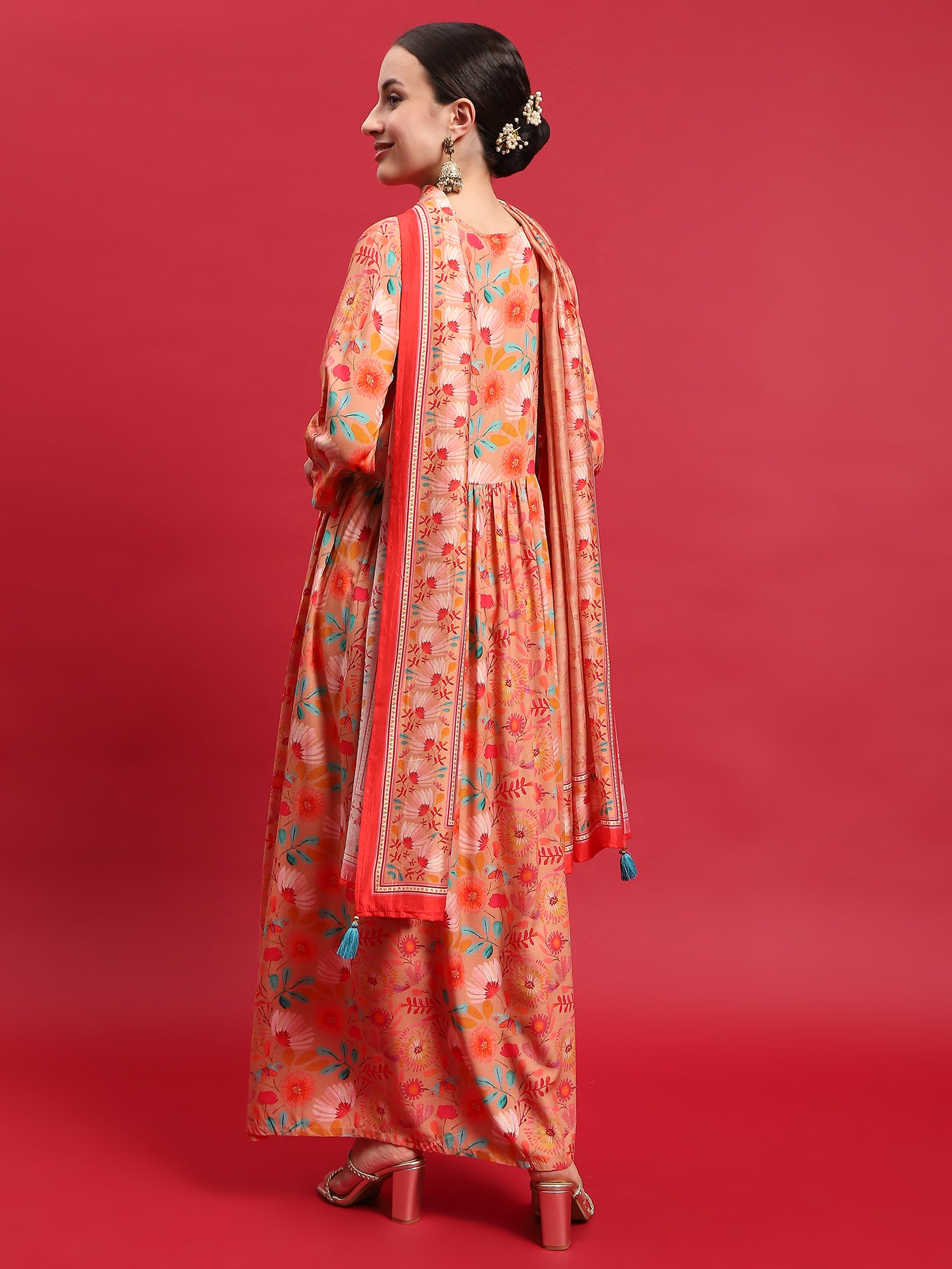 Women Liva Rayon Peach Embroidered Dress With Dupatta