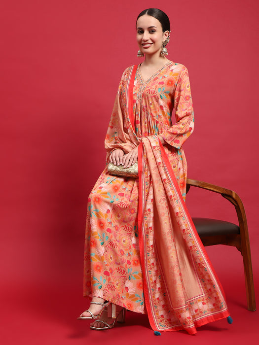 Women Liva Rayon Peach Embroidered Dress With Dupatta