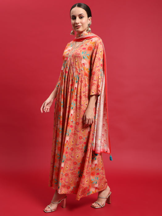 Women Liva Rayon Peach Embroidered Dress With Dupatta