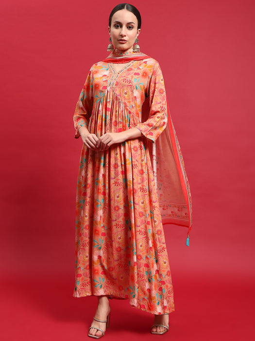 Women Liva Rayon Peach Embroidered Dress With Dupatta