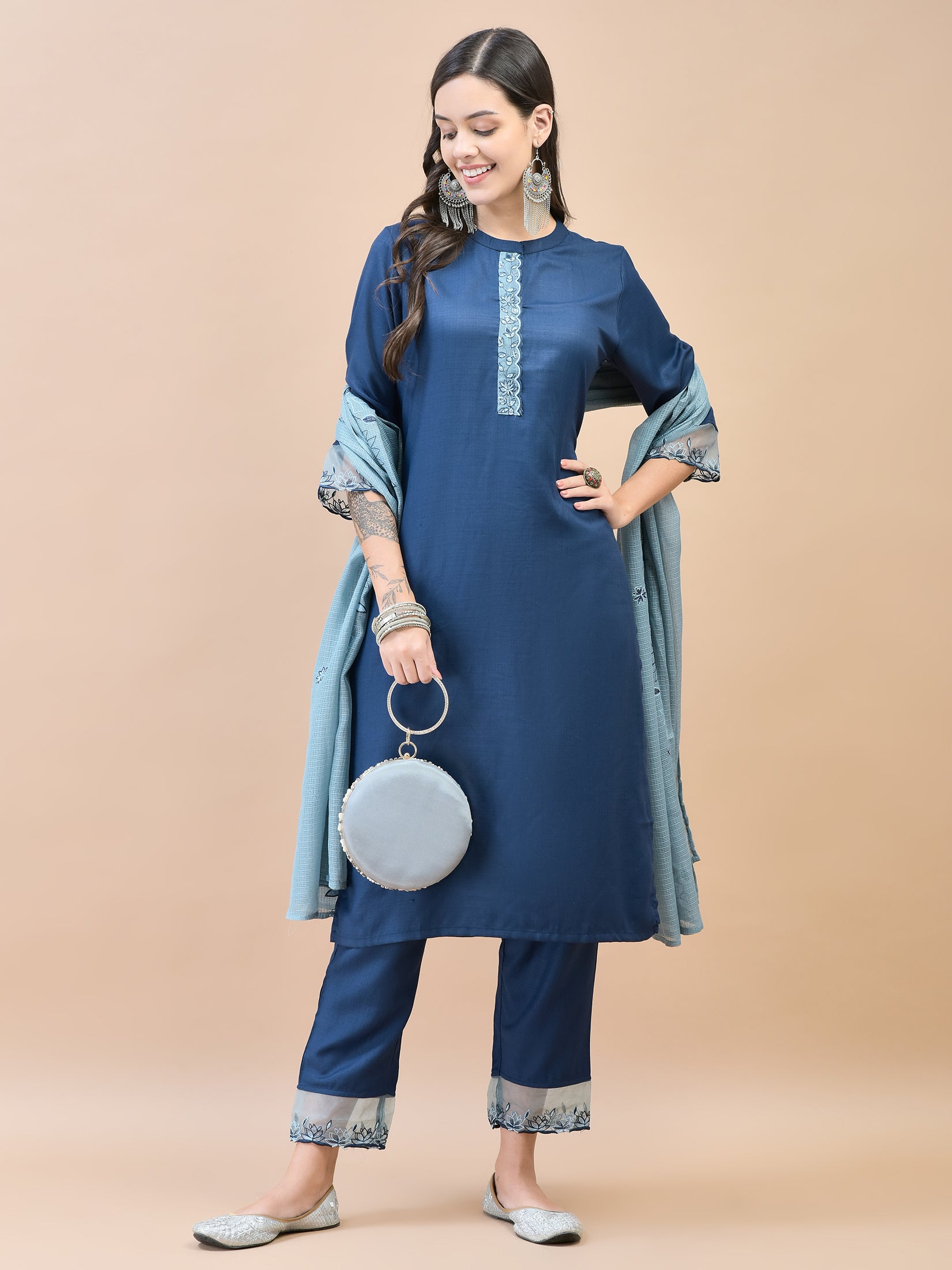 Women Viscose Navy Blue Embroidered Kurta Trouser Dupatta