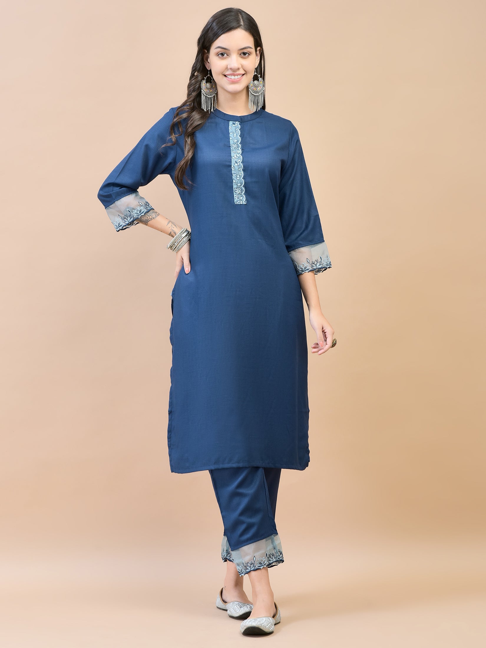 Women Viscose Navy Blue Embroidered Kurta Trouser Dupatta