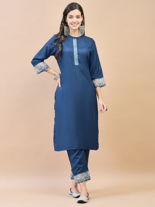 Women Viscose Navy Blue Embroidered Kurta Trouser Dupatta