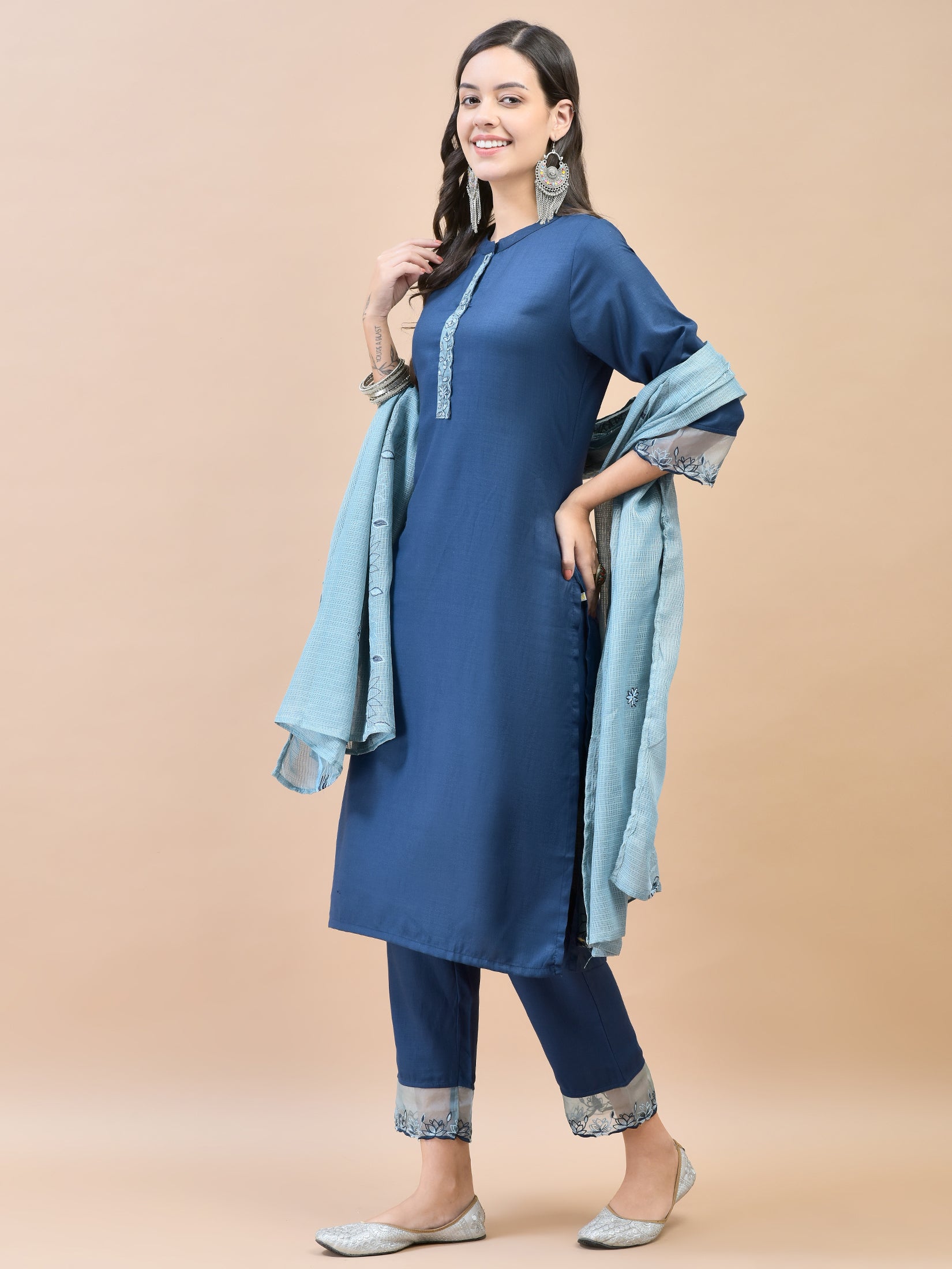 Women Viscose Navy Blue Embroidered Kurta Trouser Dupatta