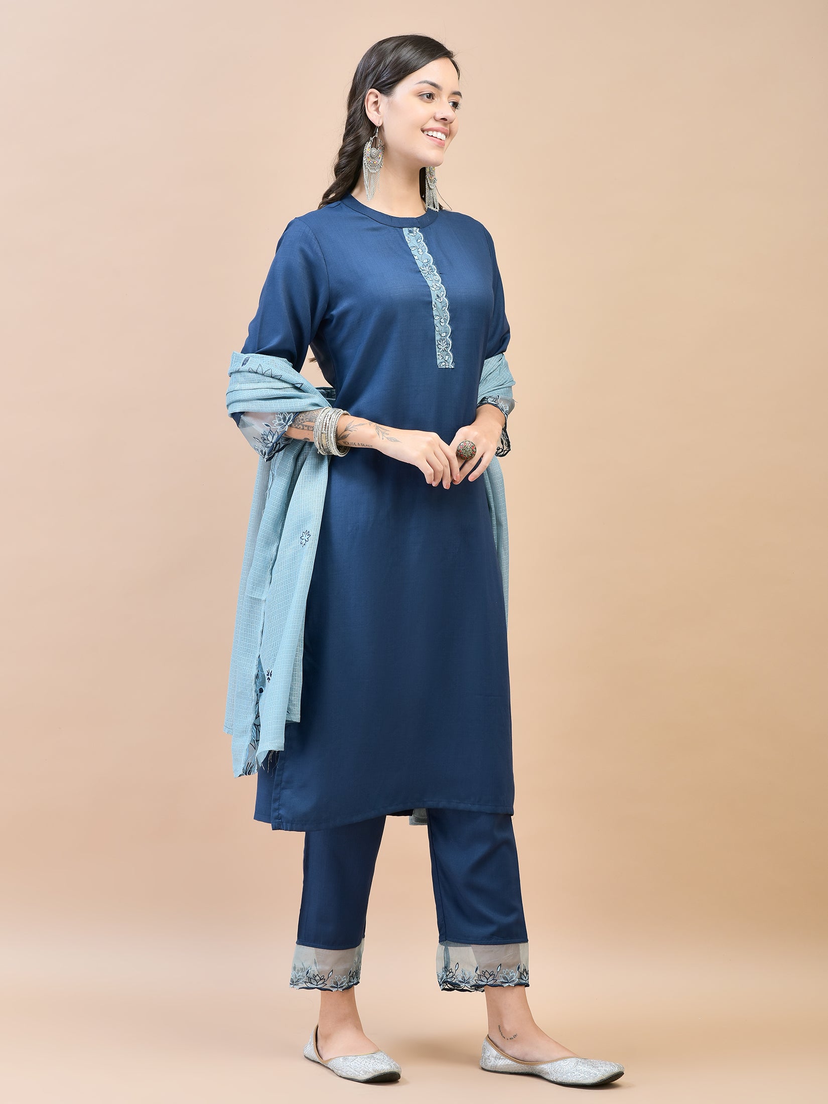 Women Viscose Navy Blue Embroidered Kurta Trouser Dupatta