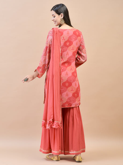 Women Chinon Red Floral Print Kurta Sharara Dupatta