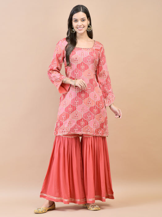 Women Chinon Red Floral Print Kurta Sharara Dupatta