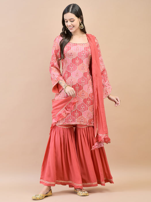 Women Chinon Red Floral Print Kurta Sharara Dupatta