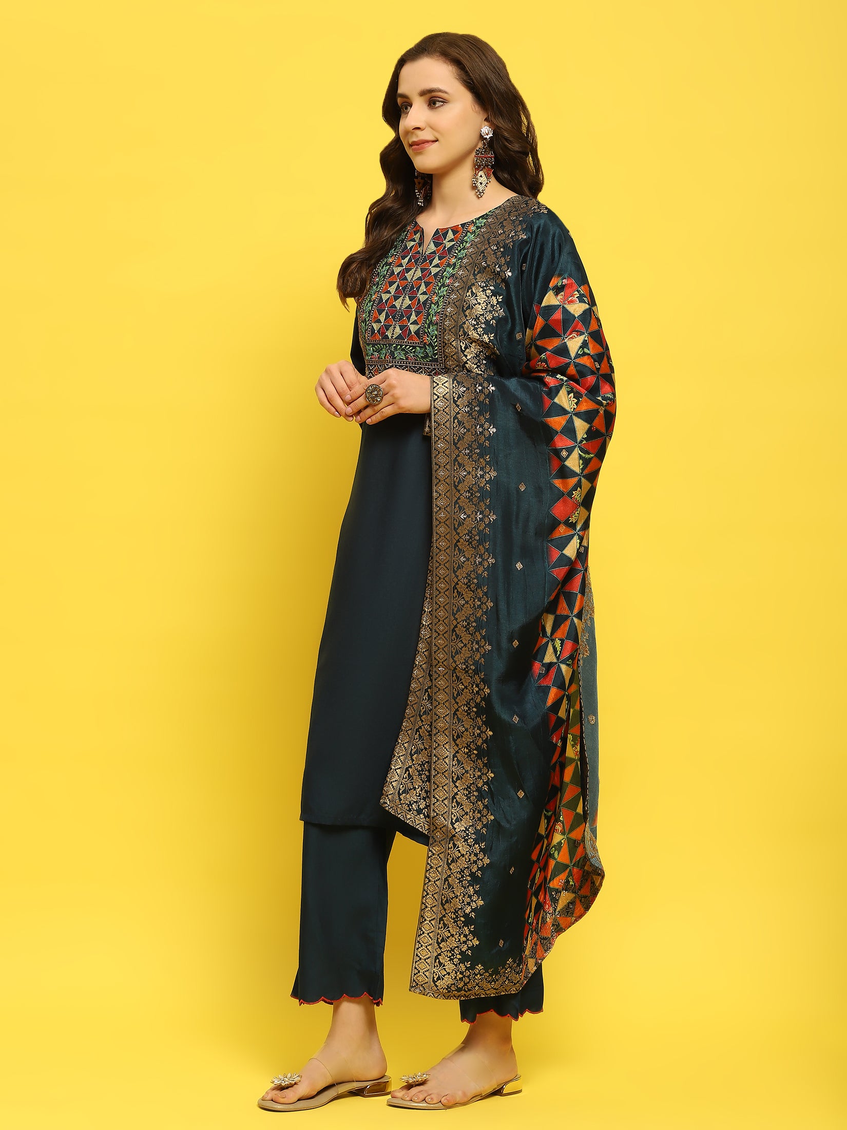 Women Poly Viscose Blue Embroidered Kurta Comfort Pant Dupatta