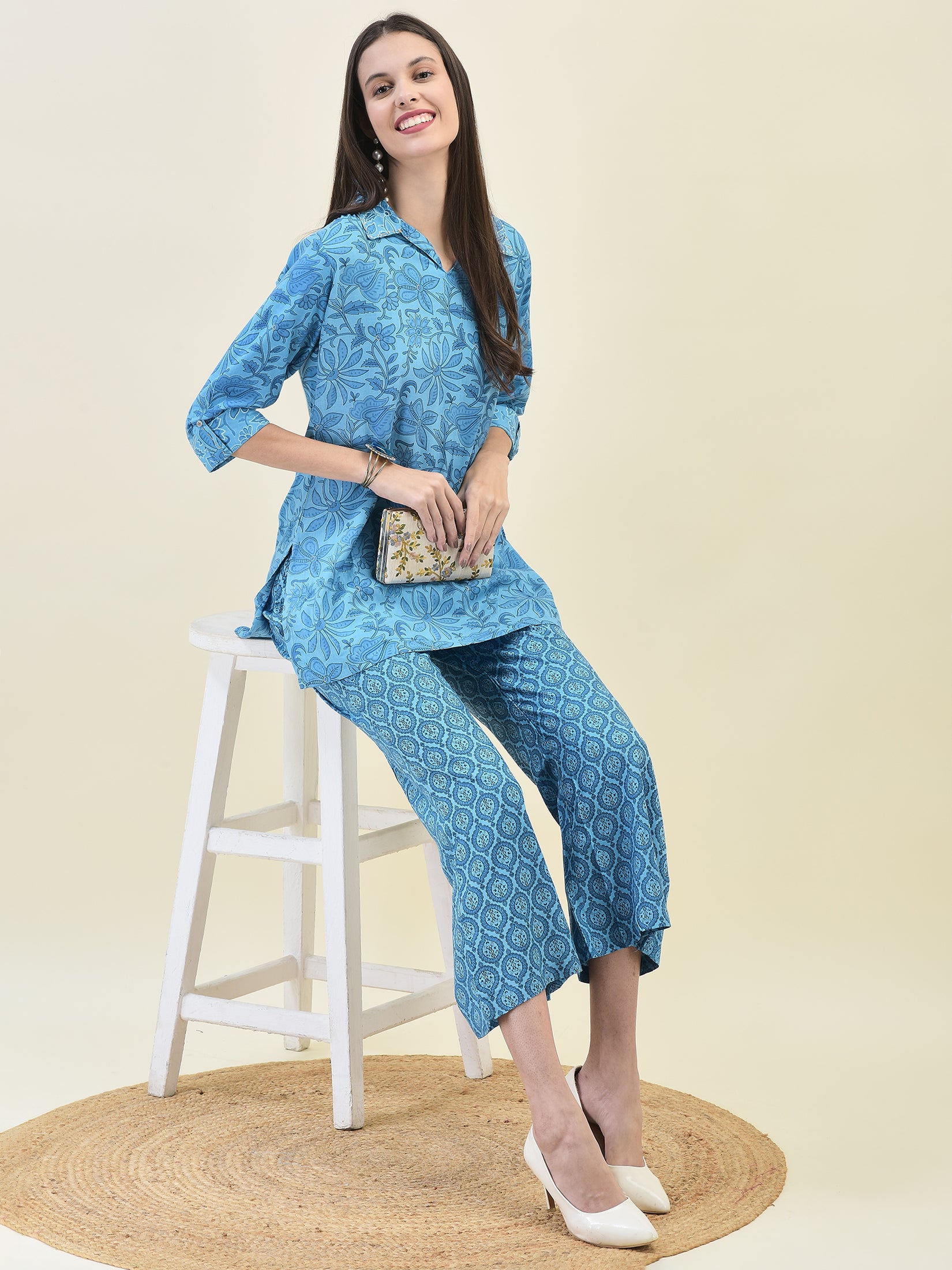 Women Liva Rayon Blue Floral Print Co-Ord Set