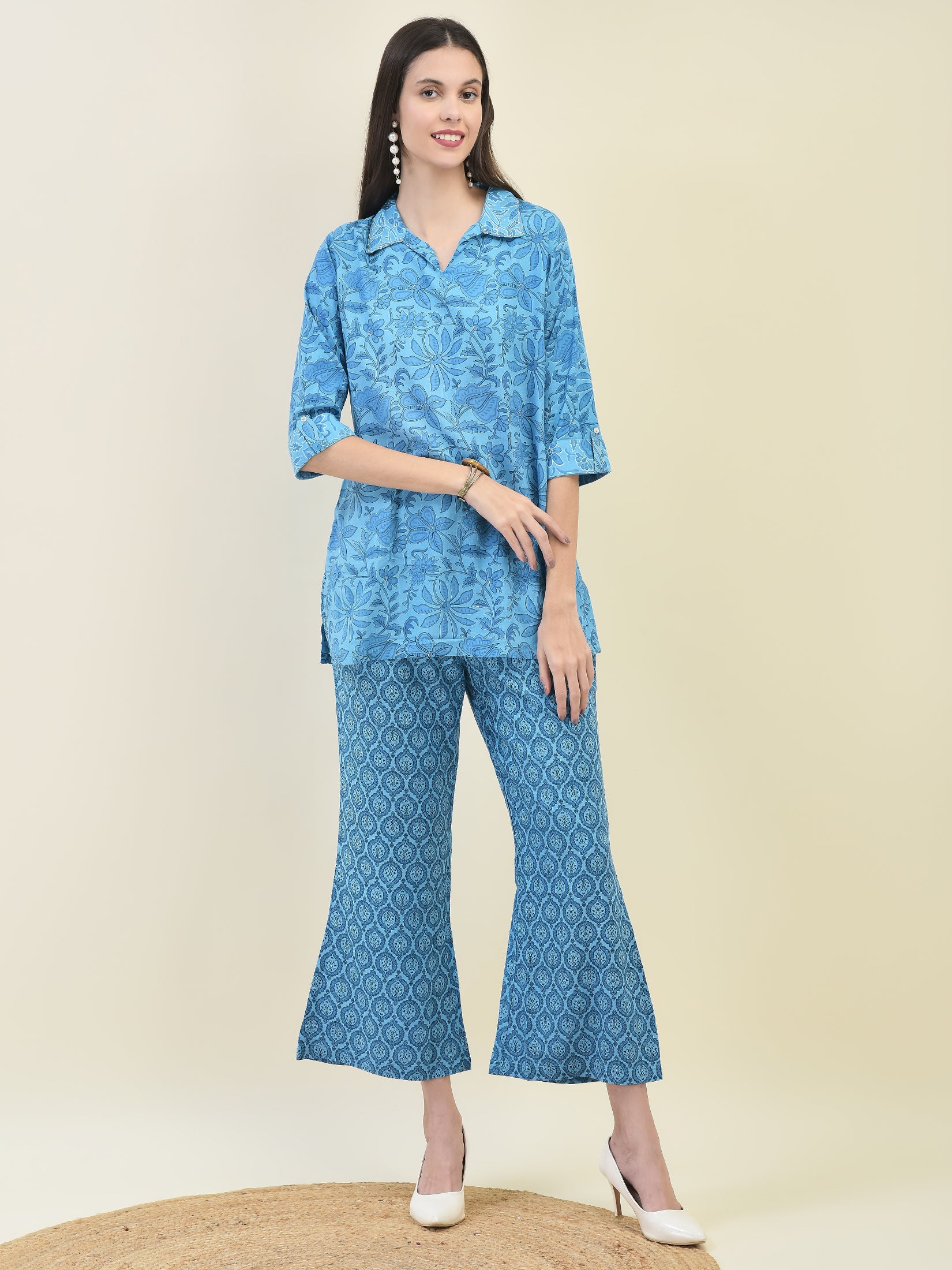 Women Liva Rayon Blue Floral Print Co-Ord Set