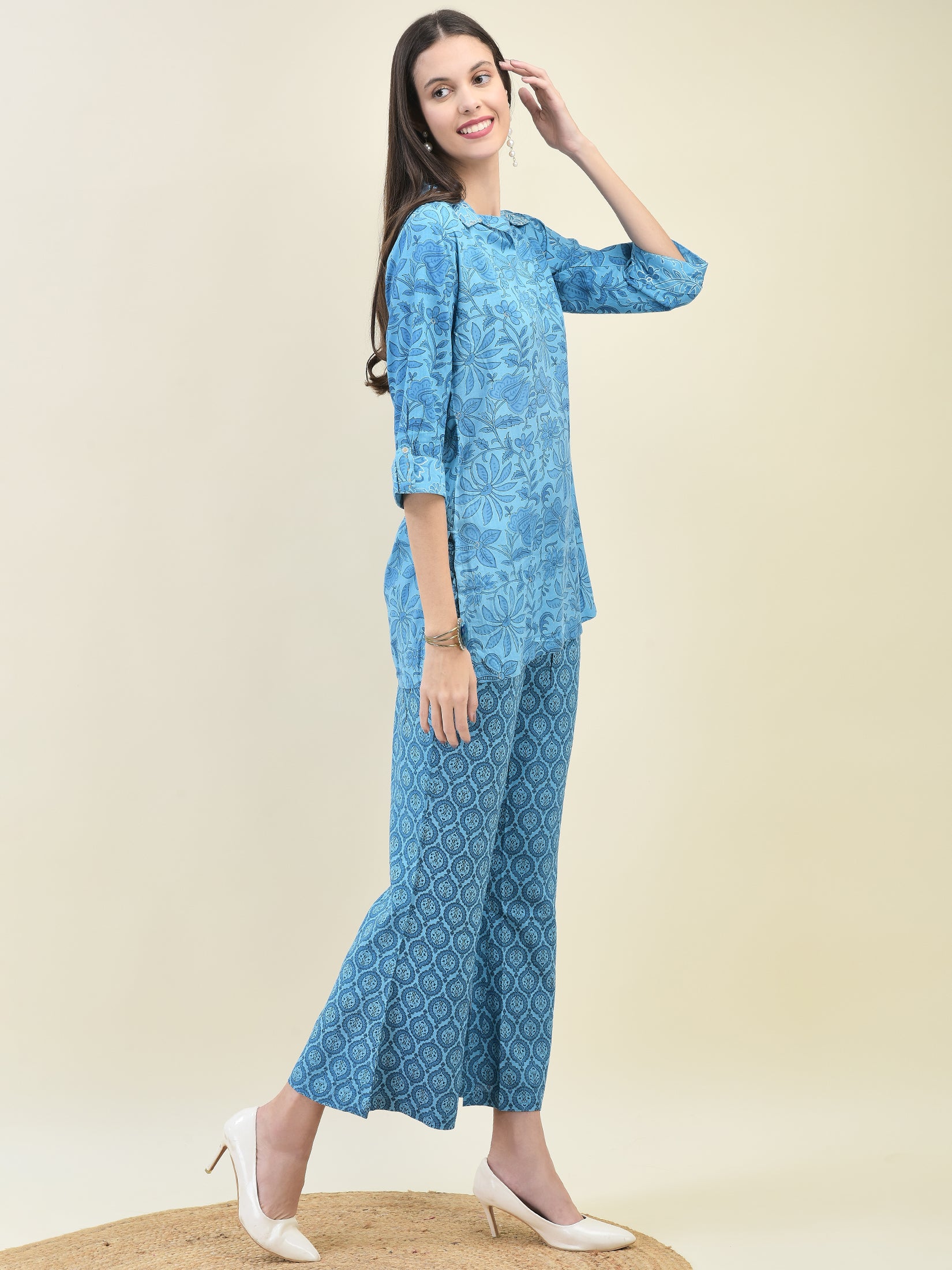 Women Liva Rayon Blue Floral Print Co-Ord Set