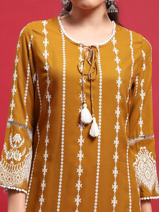 Women Liva Rayon Mustard Ornamental Print Kurta With Comfort Pant