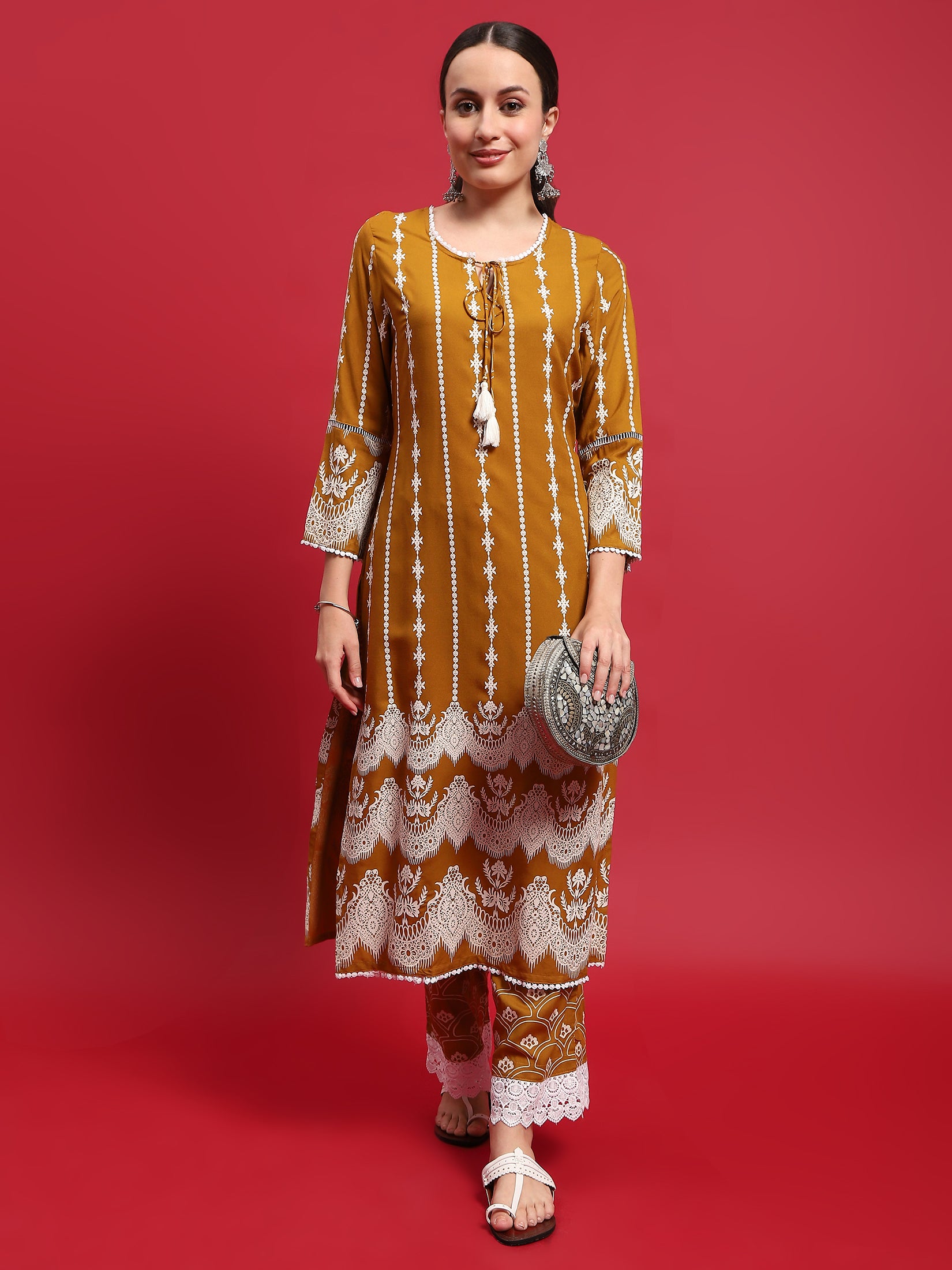 Women Liva Rayon Mustard Ornamental Print Kurta With Comfort Pant