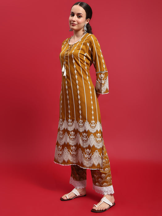 Women Liva Rayon Mustard Ornamental Print Kurta With Comfort Pant