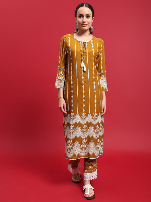 Women Liva Rayon Mustard Ornamental Print Kurta With Comfort Pant