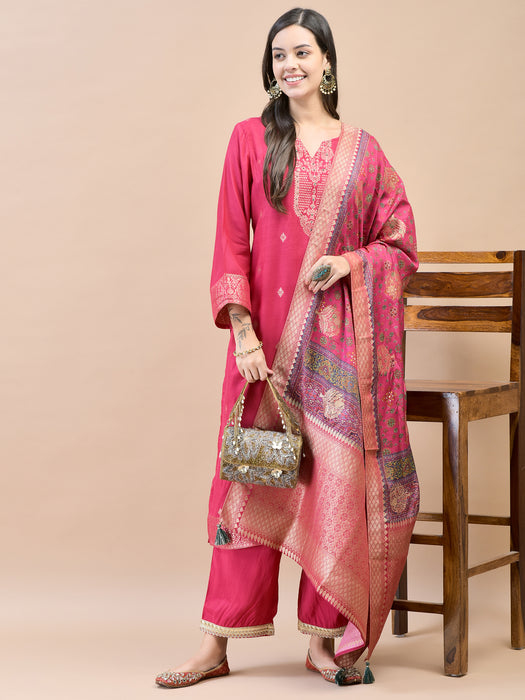 Women Silk Fuchsia Jacquard Kurta Comfort Pant Dupatta