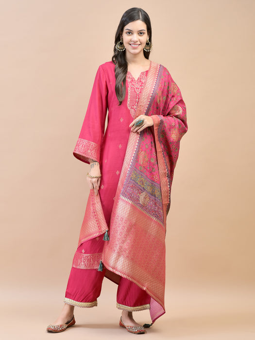 Women Silk Fuchsia Jacquard Kurta Comfort Pant Dupatta