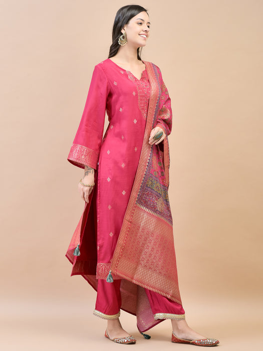 Women Silk Fuchsia Jacquard Kurta Comfort Pant Dupatta