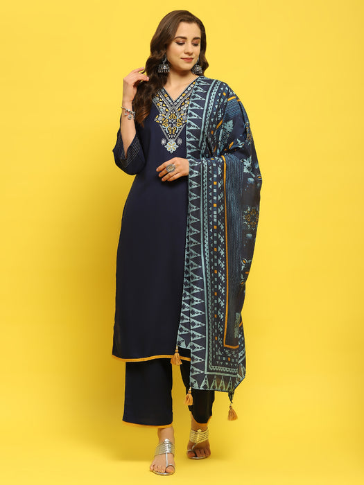 Women Indigo Blue Liva Rayon Kurta Comfort Pant Dupatta