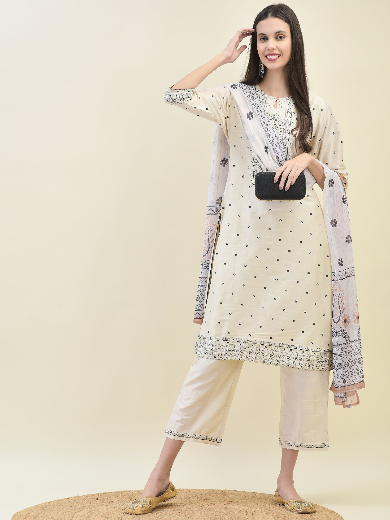 Women Poly Silk Beige Ornamental Print Kurta Comfort Pant Dupatta