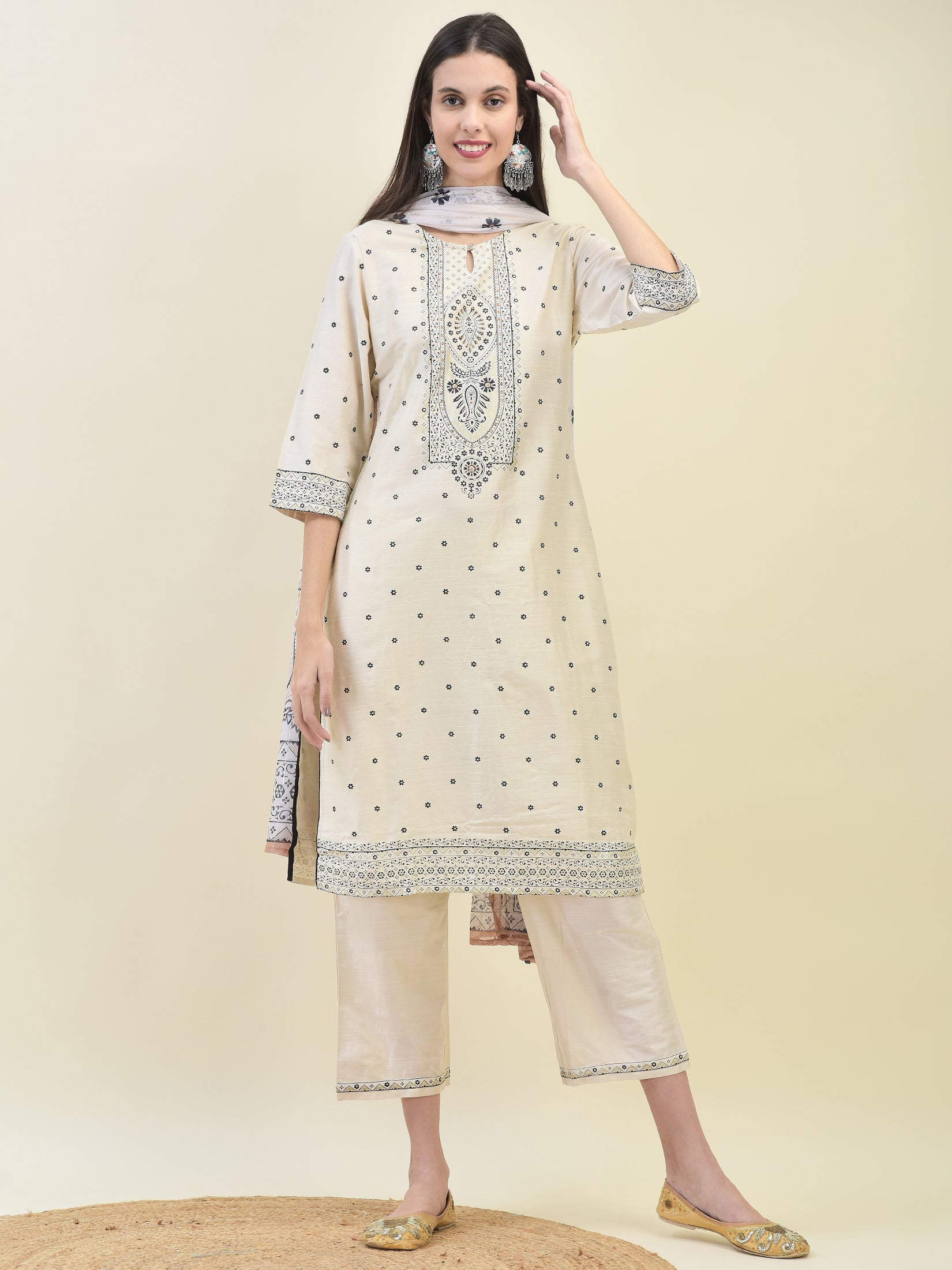 Women Poly Silk Beige Ornamental Print Kurta Comfort Pant Dupatta