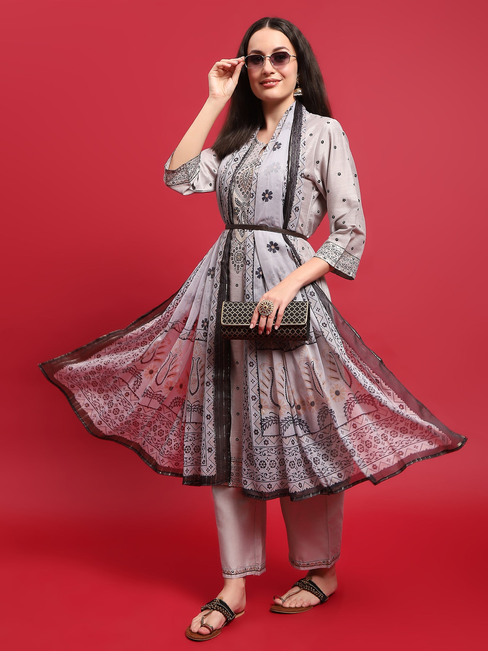 Women Poly Silk Grey Ornamental Print Kurta Comfort Pant Dupatta