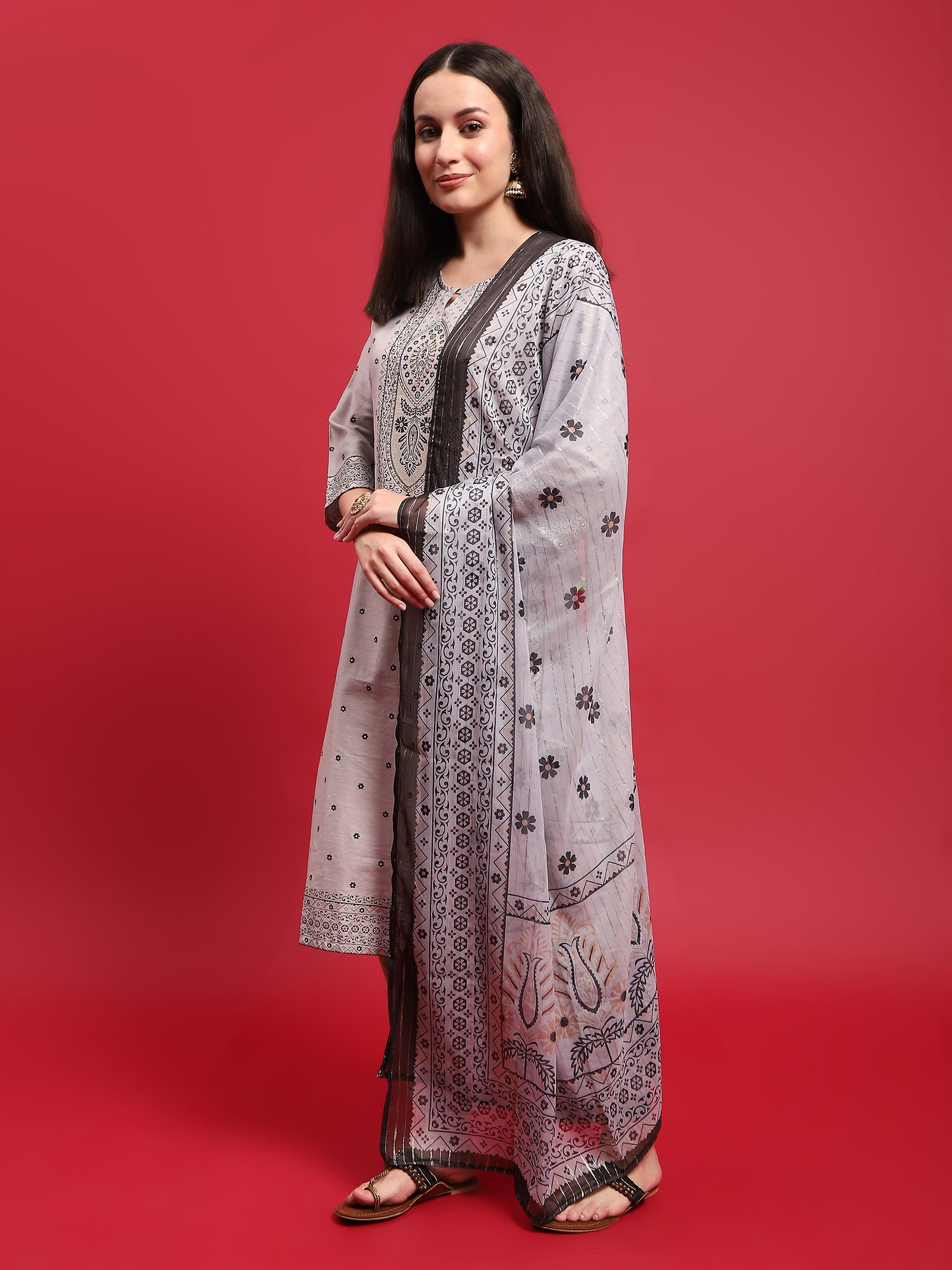 Women Poly Silk Grey Ornamental Print Kurta Comfort Pant Dupatta