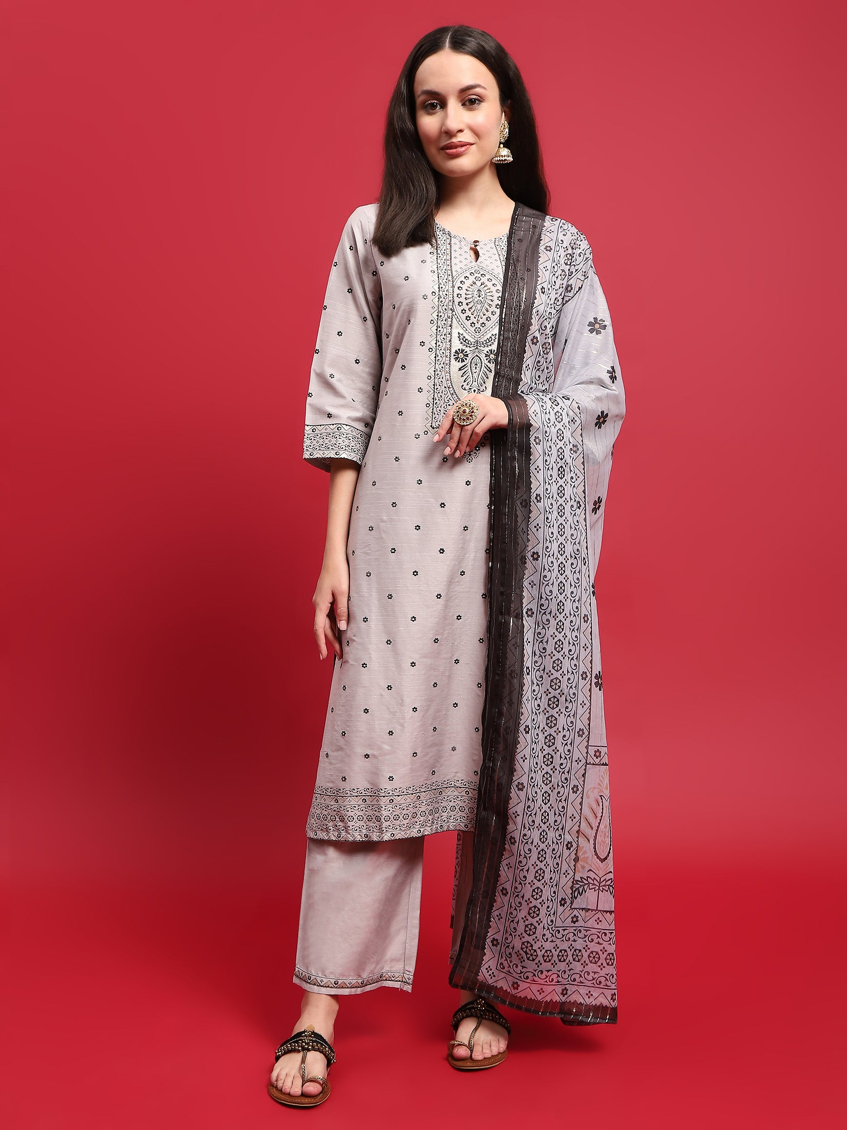 Women Poly Silk Grey Ornamental Print Kurta Comfort Pant Dupatta