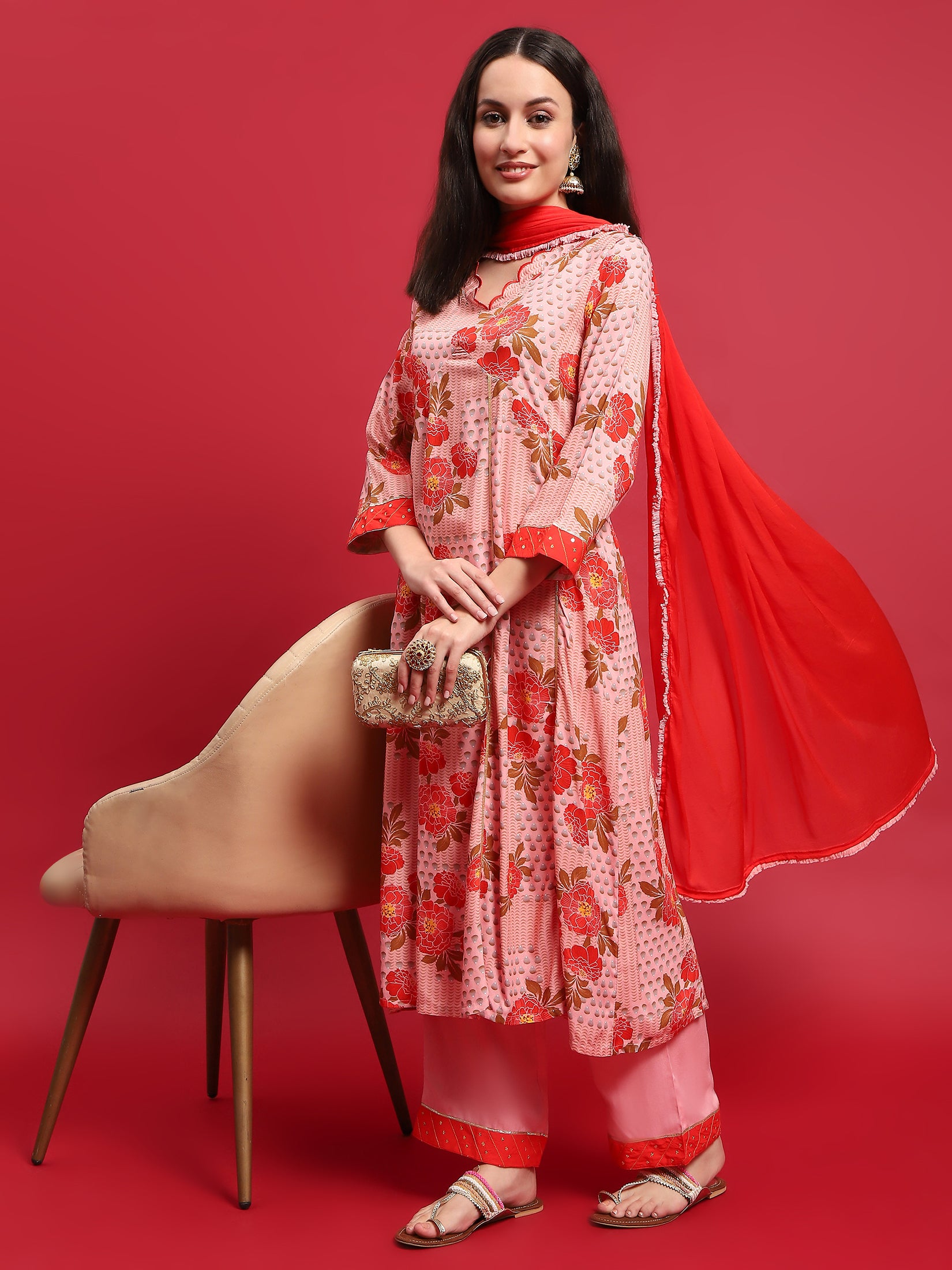 Women Liva Rayon Pink Floral Print Kurta Comfort Pant Dupatta