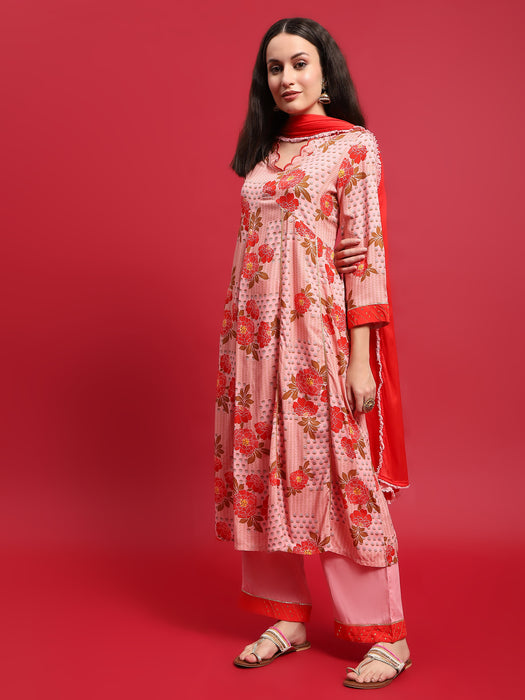 Women Liva Rayon Pink Floral Print Kurta Comfort Pant Dupatta