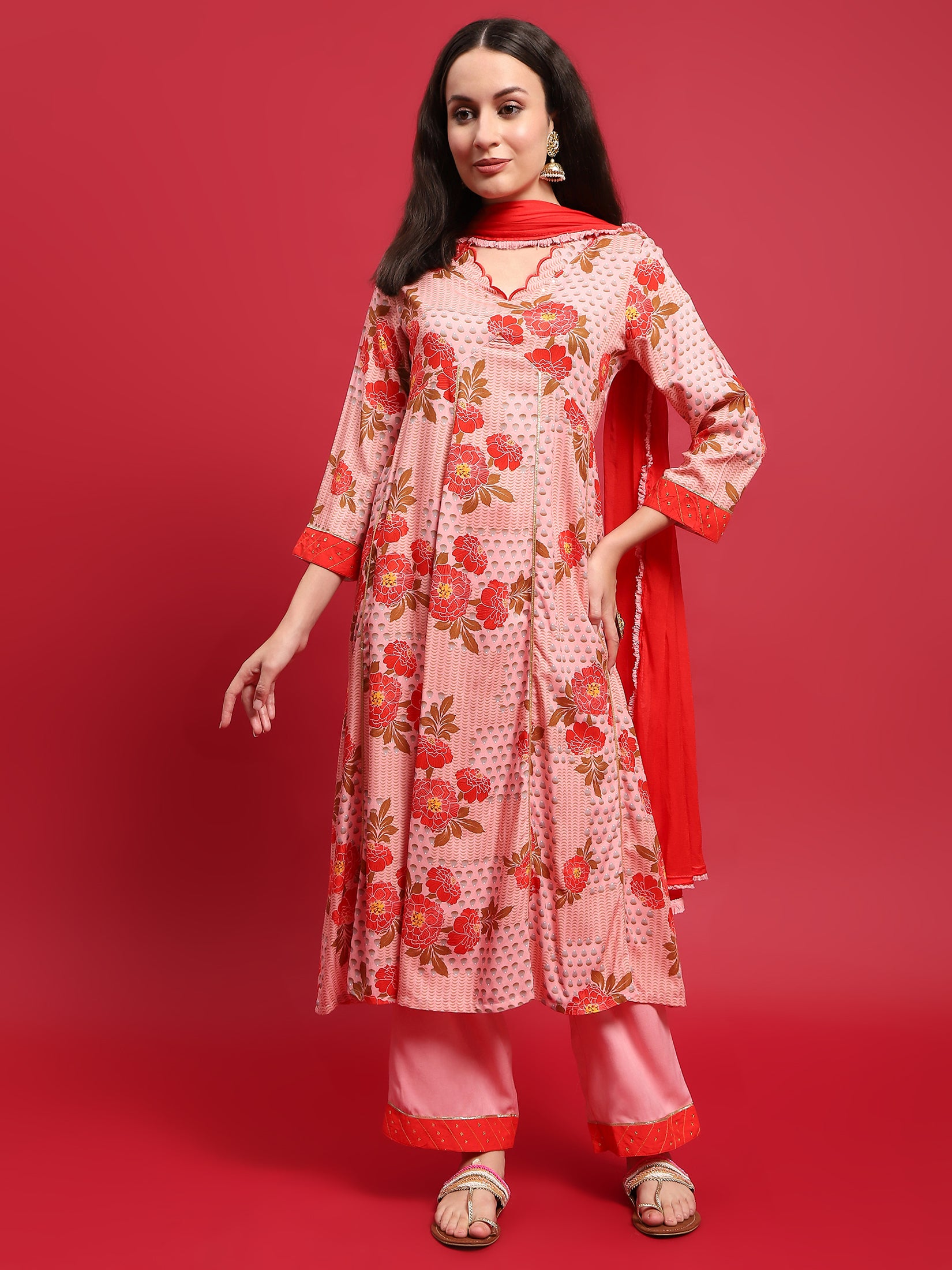 Women Liva Rayon Pink Floral Print Kurta Comfort Pant Dupatta