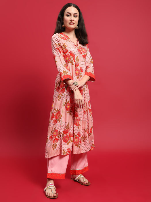 Women Liva Rayon Pink Floral Print Kurta Comfort Pant Dupatta