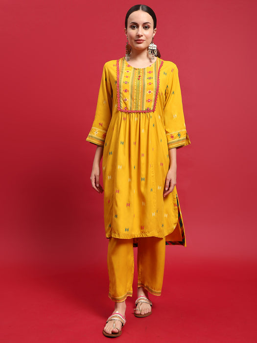 Women Liva Rayon Mustard Geometric Print Kurta With Comfort Pant