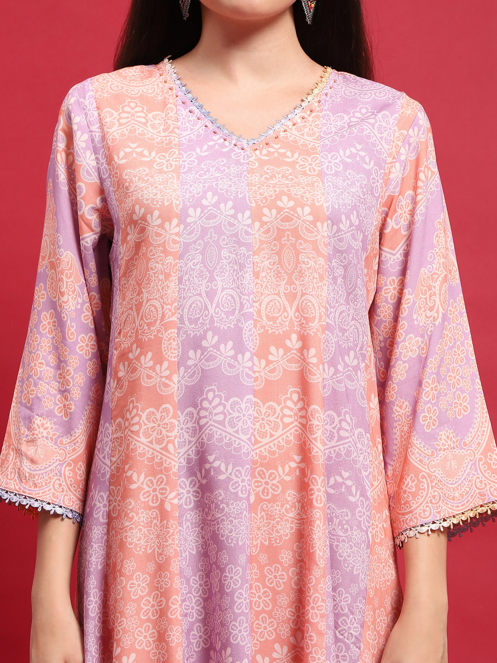 Women Peach Lilac Liva Rayon Dress With Dupatta