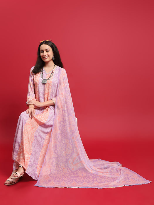 Women Peach Lilac Liva Rayon Dress With Dupatta