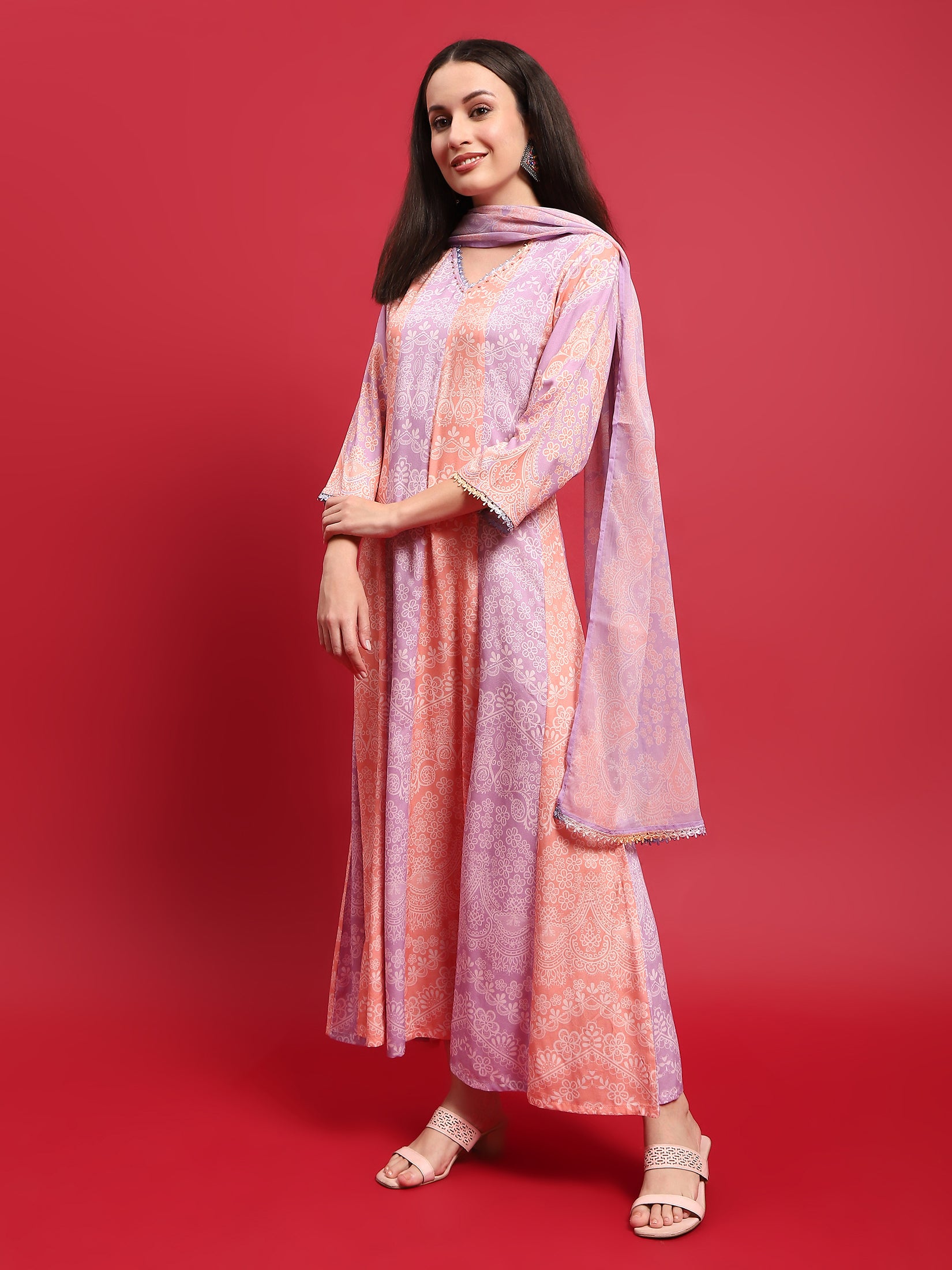 Women Peach Lilac Liva Rayon Dress With Dupatta