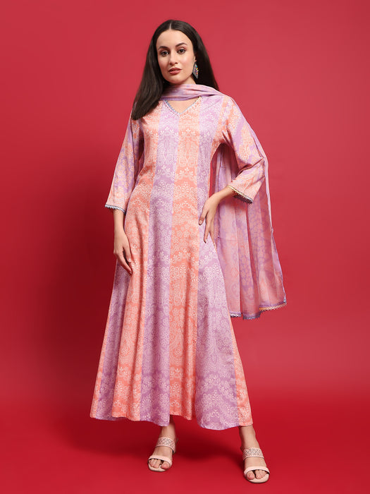 Women Peach Lilac Liva Rayon Dress With Dupatta