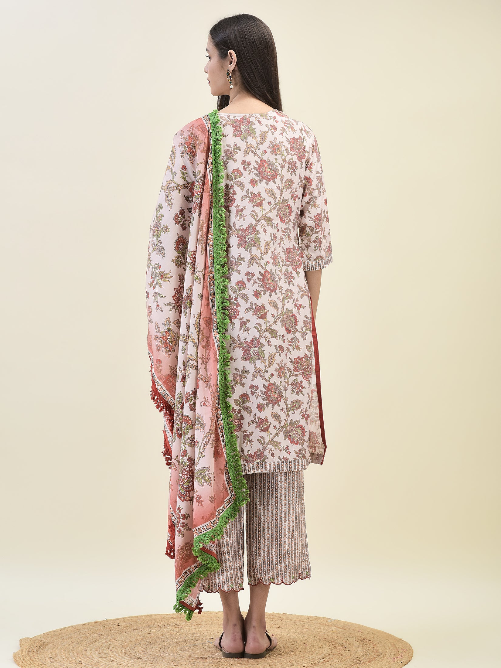 Women Viscose Peach Ornamental Print Kurta Comfort Pant Dupatta