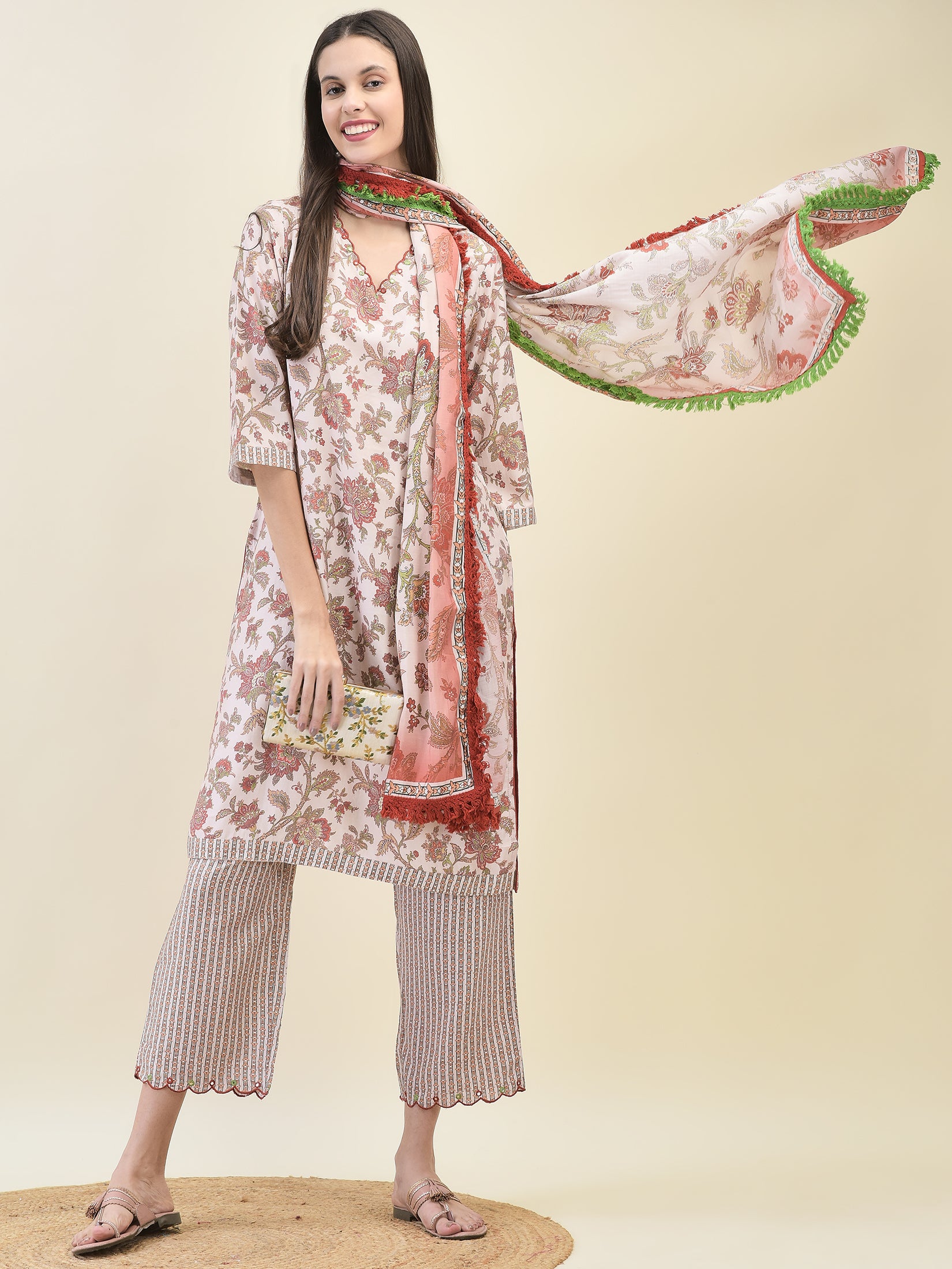 Women Viscose Peach Ornamental Print Kurta Comfort Pant Dupatta