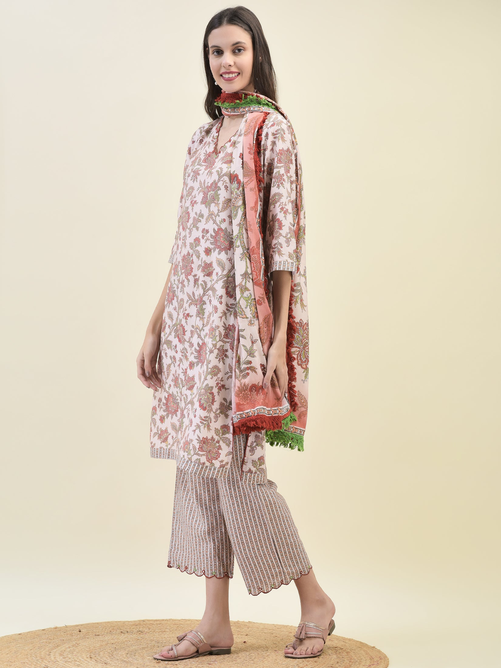 Women Viscose Peach Ornamental Print Kurta Comfort Pant Dupatta