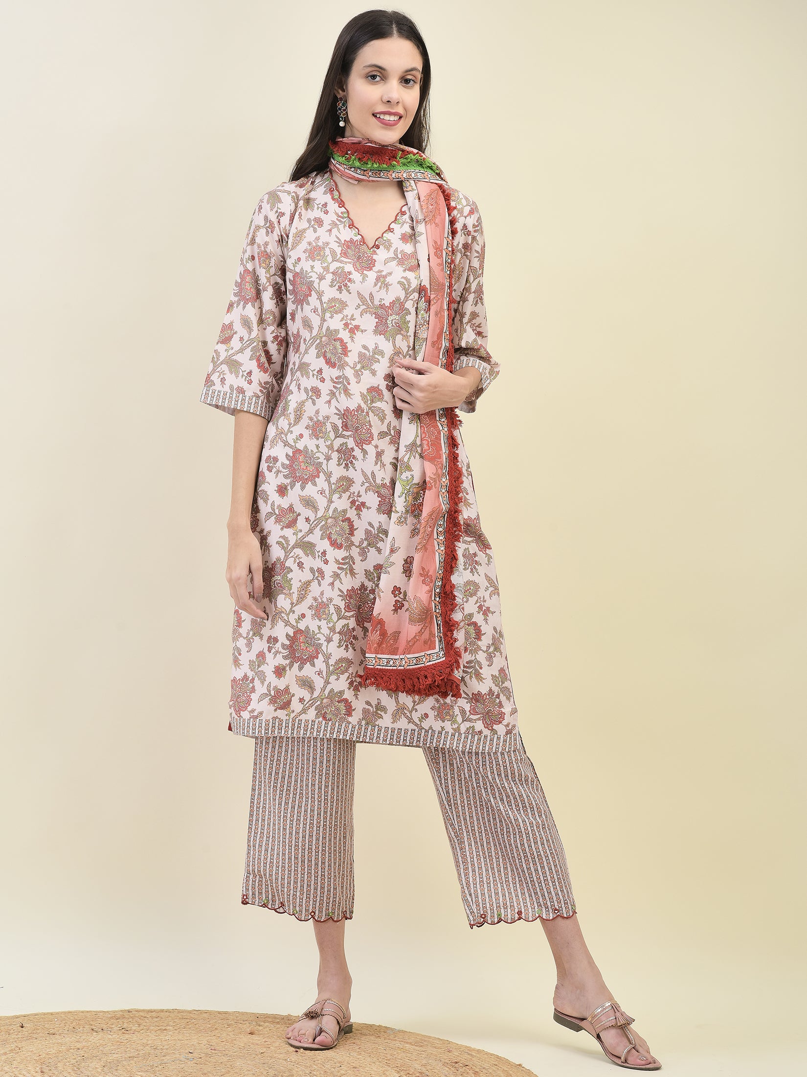 Women Viscose Peach Ornamental Print Kurta Comfort Pant Dupatta