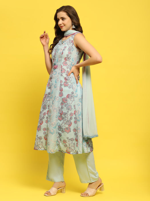 Women Light Blue Muslin Kurta Comfort Pant Dupatta