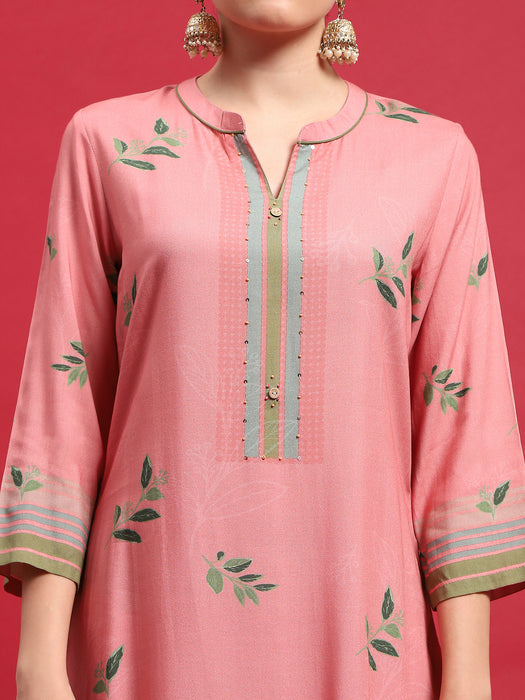 Women Liva Rayon Pink Floral Print Kurta Comfort Pant Dupatta