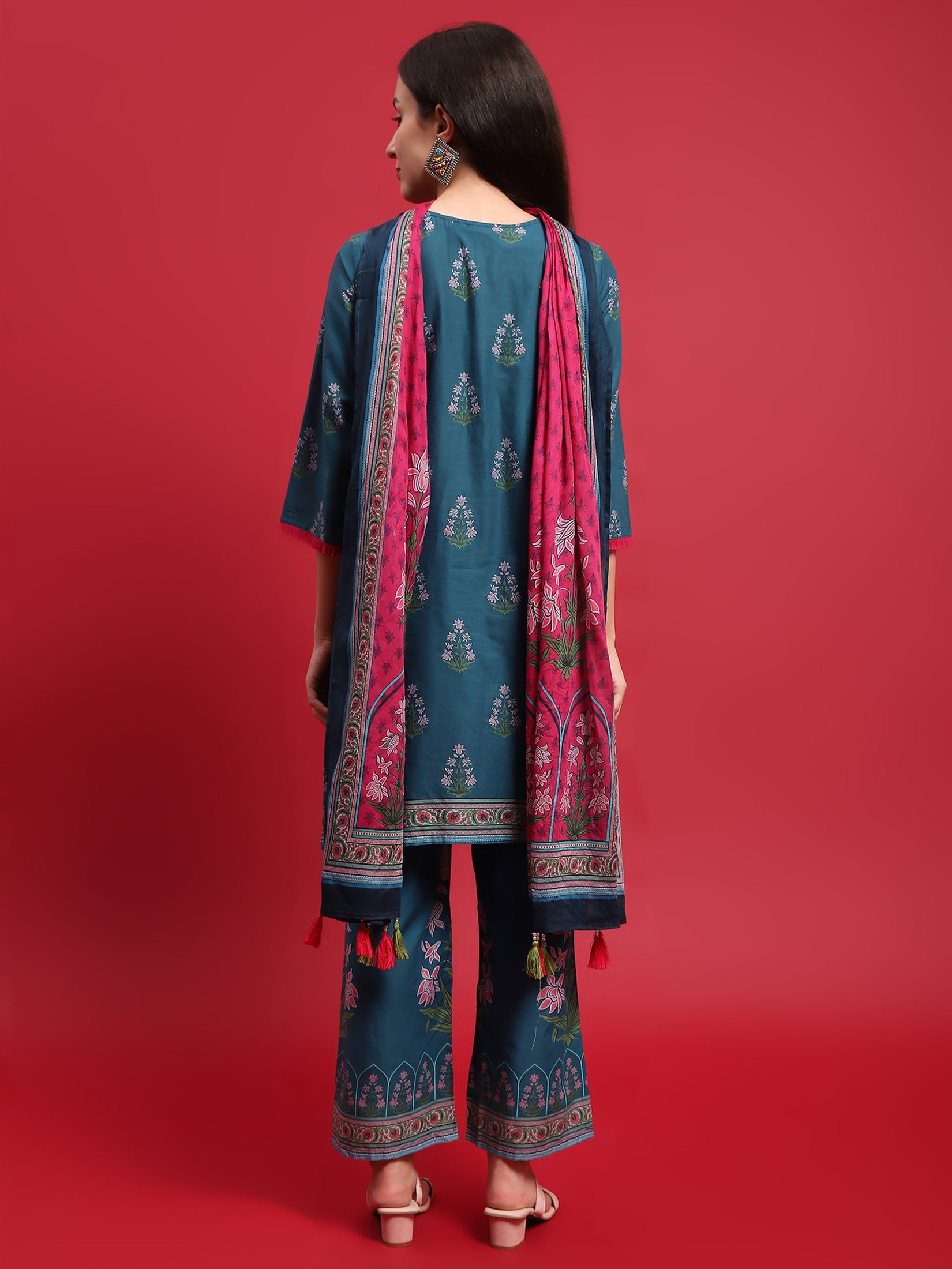 Women Cotton Blue Ornamental Print Kurta Comfort Pant Dupatta