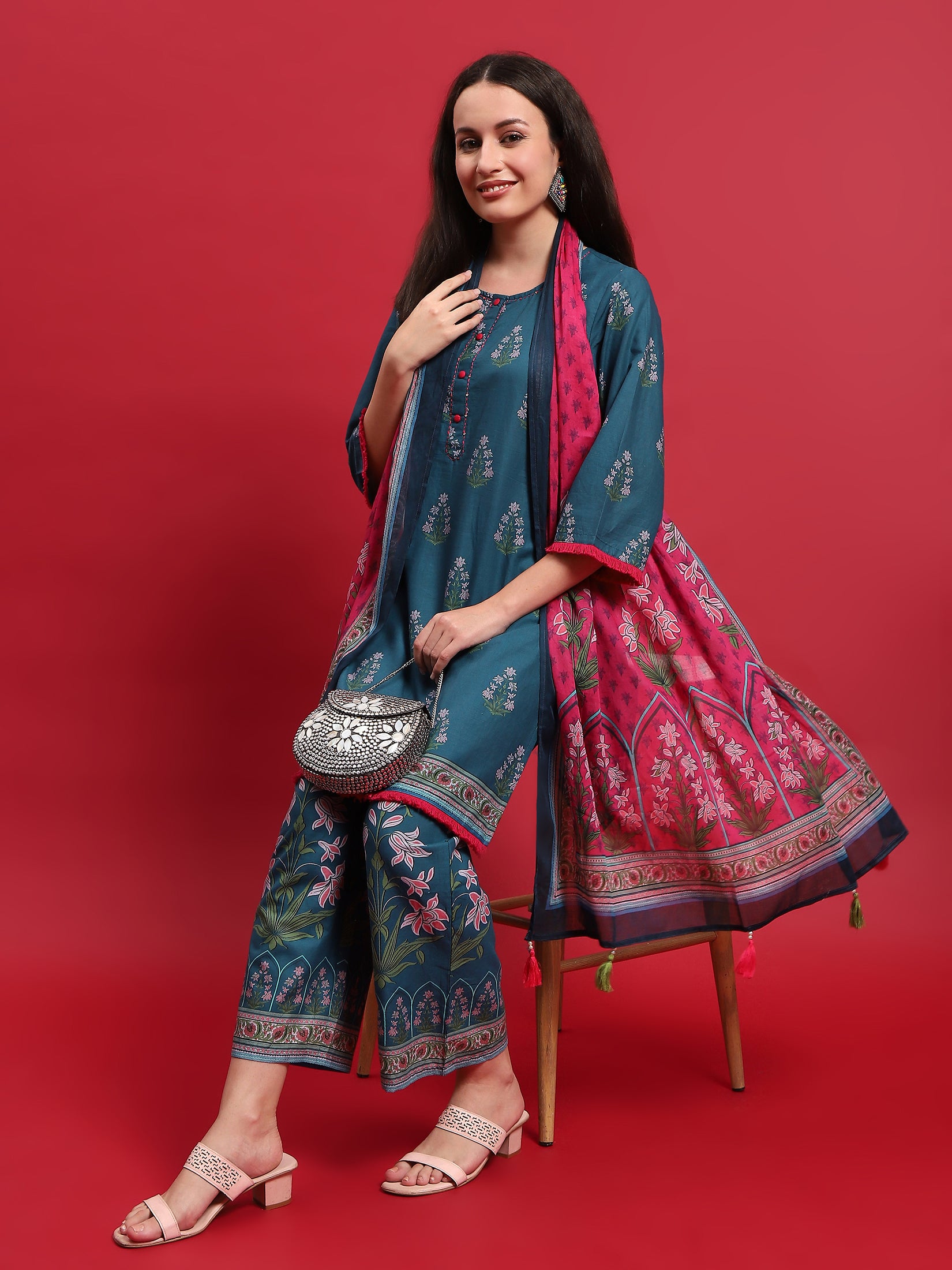 Women Cotton Blue Ornamental Print Kurta Comfort Pant Dupatta