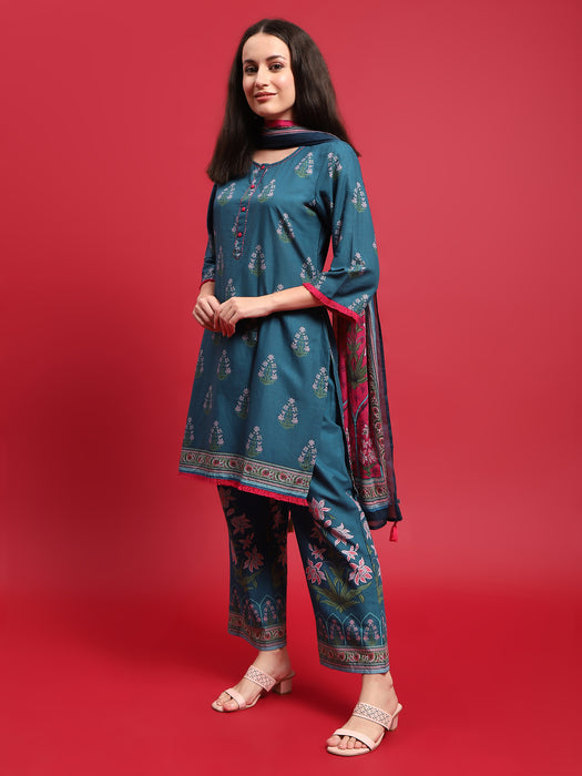 Women Cotton Blue Ornamental Print Kurta Comfort Pant Dupatta