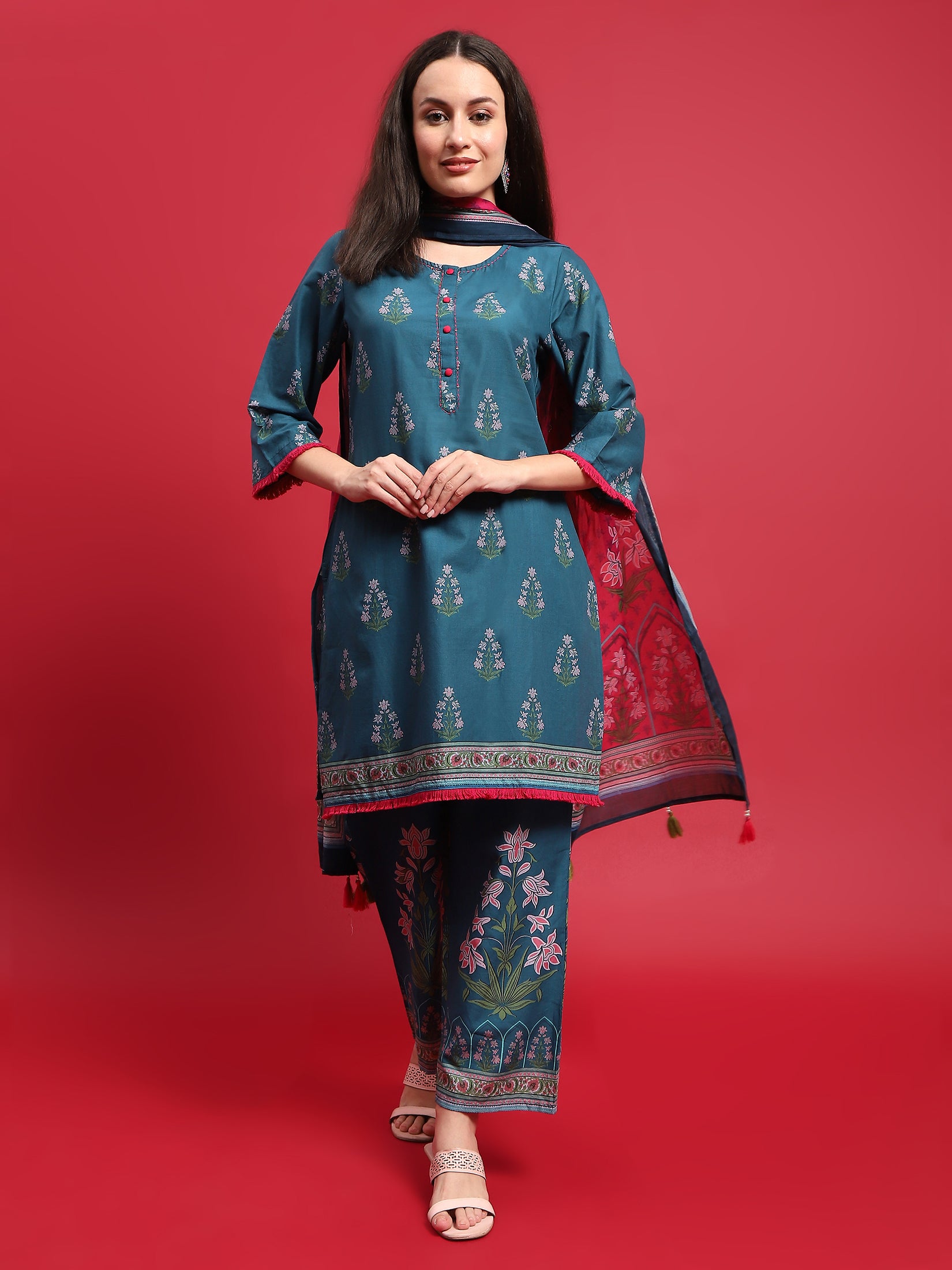 Women Cotton Blue Ornamental Print Kurta Comfort Pant Dupatta